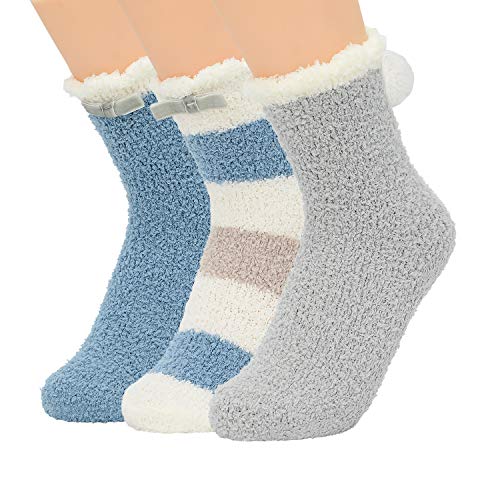 Zando Women's Fuzzy Socks Non Slip Socks Winter Slipper Socks Cozy Grip Socks Warm Non Skid Socks for Women Super Soft Gripper Socks Home Socks Indoor Fleece Socks 3 Pairs Cute Blue One Size