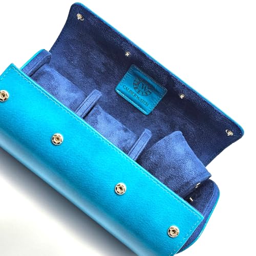 Image of Genuine Napa Leather Watch Roll Travel Case for 3 Watches - Travel Watch Rolls and Leather Watch Display Cases with Velvet Interior - Watch Storage Organizer Men's (Blue 3 Watch Roll Case)