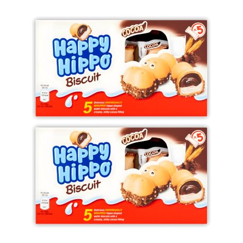 Bundle of 2 | Happy Hippo Biscuit Cocoa – 5 Individually Wrapped Wafer Biscuits with Creamy Milky Cocoa Filling per Pack