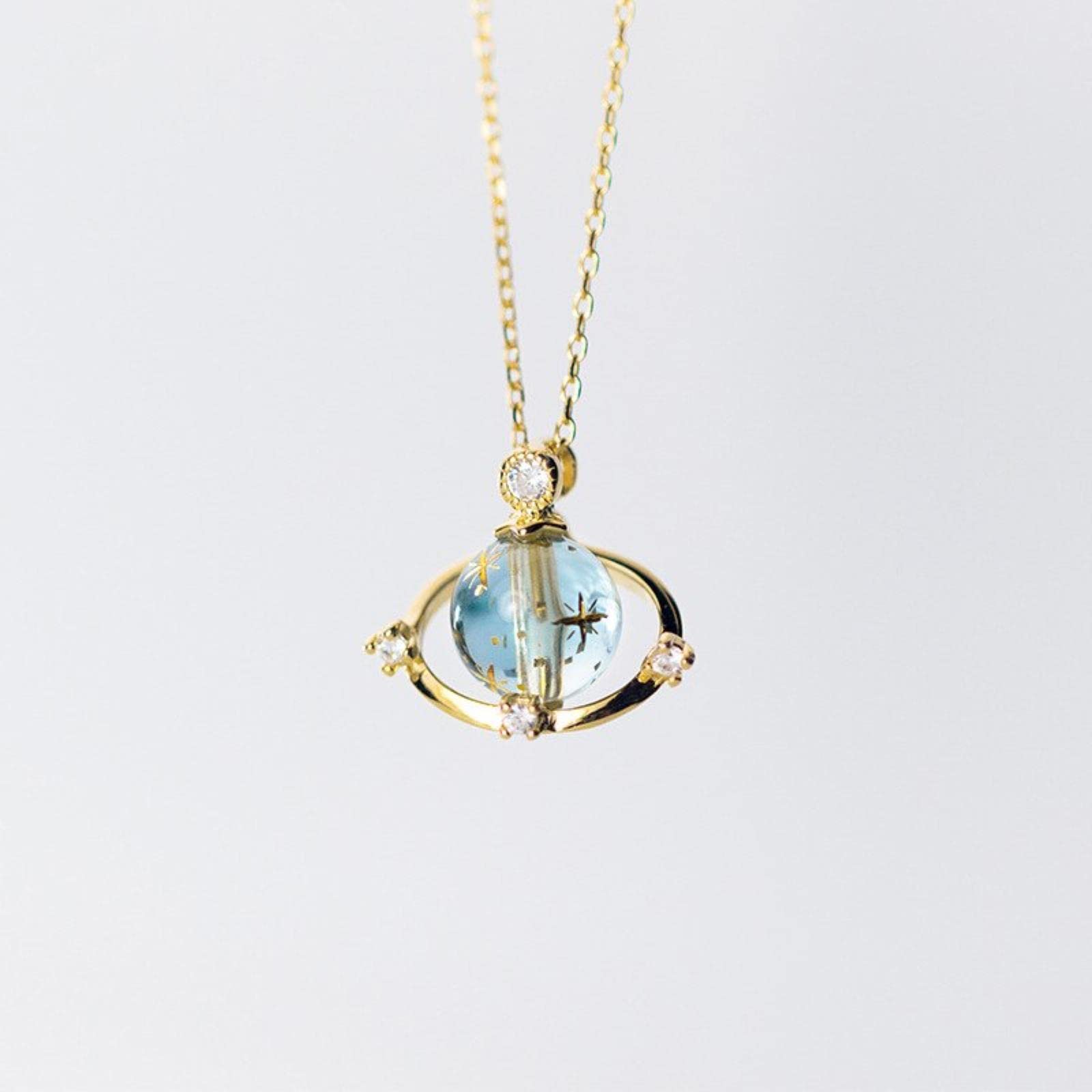 Collar con Colgante De Planeta De Cristal Azul A La Moda para Mujer, Collar De Cadena De Eslabones De Plata De Ley 925, Joyería Fina