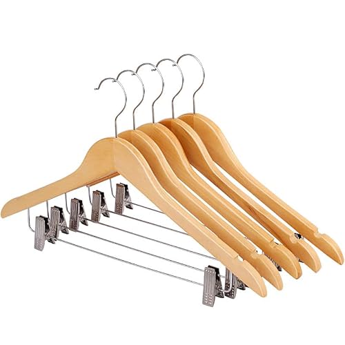 MOONCEE 10 Pcs High-Grade Wooden Suit Clothes Hangers Skirt Hangers with Clips Solid Wood Pants Hangers Smooth Finish Premium Wood Hangers with Durable Metal Clips for Coat, Blouse, Dress, Jacket