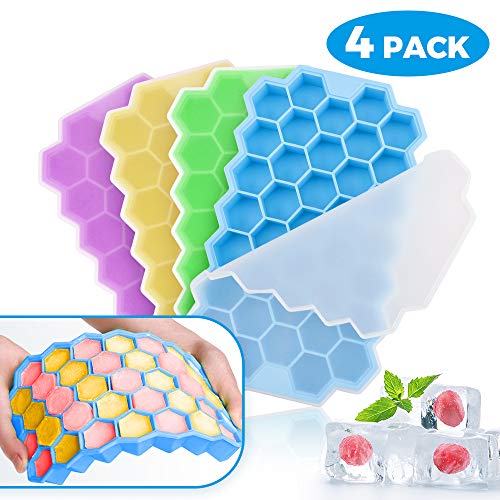 OCOOPA Ice Cube Trays Silicone, 4 Packs of 148 Cubes Hexagon Ice Cube Moulds, Easy-Release BPA Free Ice Tray with Lid for Baby Food, Water, Cocktails, Beer, Whiskey, Fruit Ice, for Family, Party & Bar