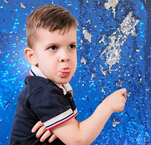 Sensory Wall Sequin Flip Fabric For Kids,0.2" Large Sequins Sensory Graffiti Fabric For Toddlers,Tactile Stimulation,Reversible Glitter Fabric (1 Yd, Sapphire Blue + Silver) #TOP2