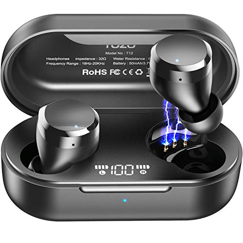TOZO T12 Wireless Earbuds Bluetooth Headphones with Touch Control and Wireless Charging Case Digital Intelligence LED Display IPX8 Waterproof Earphones Built-in Mic Headset Deep Bass for Sport Black