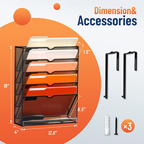 Supeasy 6-Tier Wall File Organizer With Hooks, Hanging Wall File Holder For Papers, Folders, Files Clipboard & Magazine Organization Great For Office Home, Black #TOP4