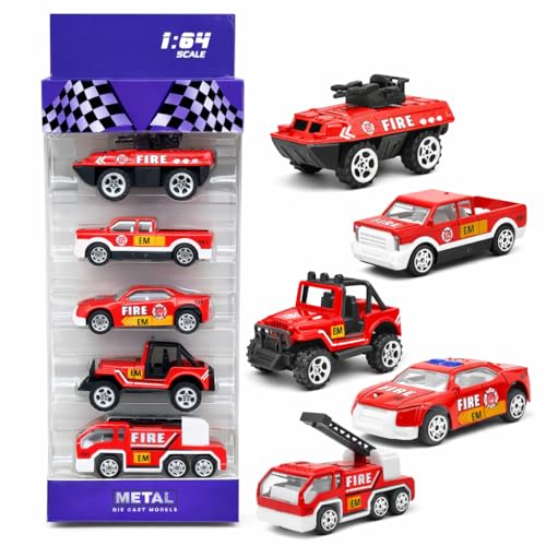 Image of Fire Truck Toy for Kids, Pack of 5 Diecast Metal Toy Cars with Free Wheel, Fire Engine, Fire Brigade Truck & Emergency Rescue Vehicle Toy Set, Birthday Gift for Boys & Girls