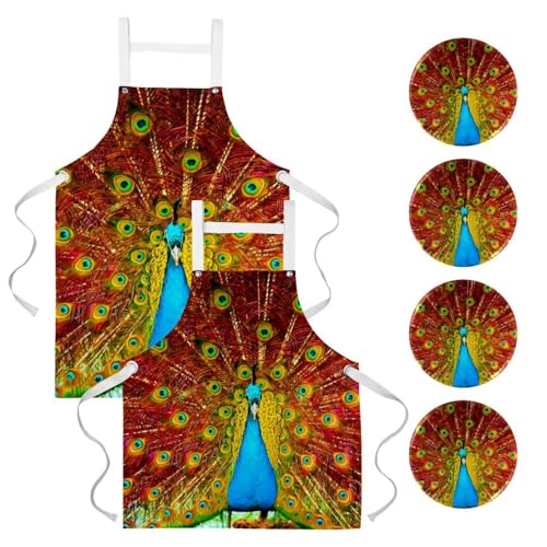 Lot de 2 tabliers de cuisine avec poches et broches motif paon
