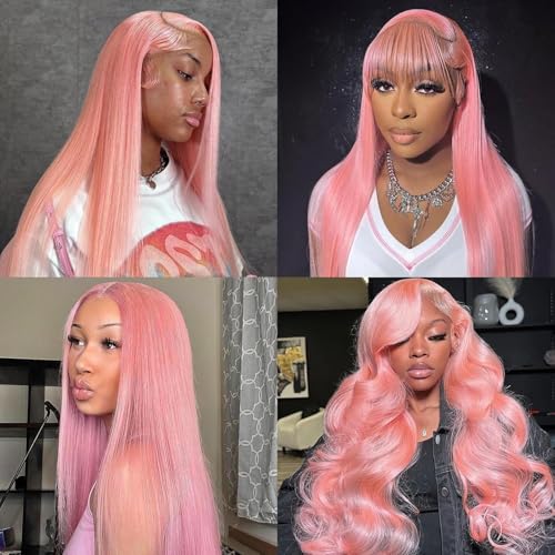 Image of Pink Human Hair Wig Straight Wig 24 Inch Human Hair Wig 200% Density | 13x4 UHD Lace Front Human Hair Wigs Pre Plucked Pre Cut Light Pink Wig 100% Virgin Human Hair Glueless Straight Wig For Women