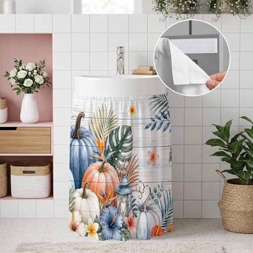 Kitchen Cabinet Curtains Tropical Pumpkins Plants Sink Skirt for Bathroom Fall Palm Leaves Flower Wood Grain Dishwasher Curtain Cover Under Desk Curtain Skirt Drape for Classroom Laundry 28"x35" - Image 3