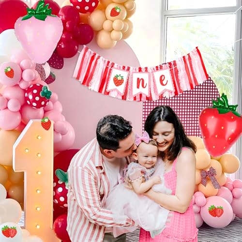 Image of Kriyokiaa Berry First Birthday High Chair Banner One High Chair Banner Girl Photo Backdrop First Birthday Decorations for Girl Wall Hanging Decorations for Kids Bedroom, Red /Pink