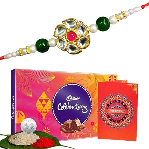 Image of Frostick Designer Rakhi With Branded Chocolate for Bhaiya /Bhai /Brother With Greeting Card, Tilak Chawal And Silver coin (Big Cadbury Celebration) (Random Design Rakhi)