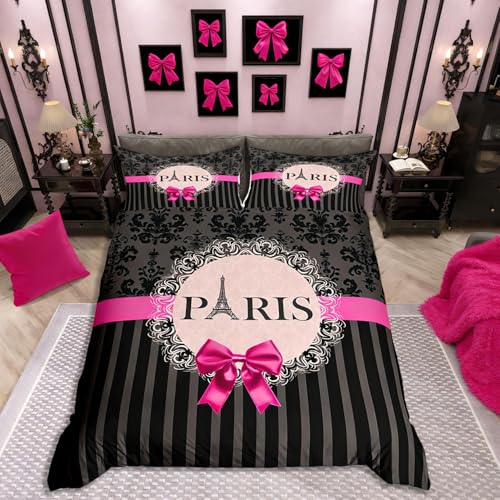 Homemissing Paris Parure de Lit Tour Eiffel imprimé Housse de Couette 200x200cm Noir Gris Rayé Ensemble de Literie Rose Bow Decor Literie Set Vintage Gothique Literie...