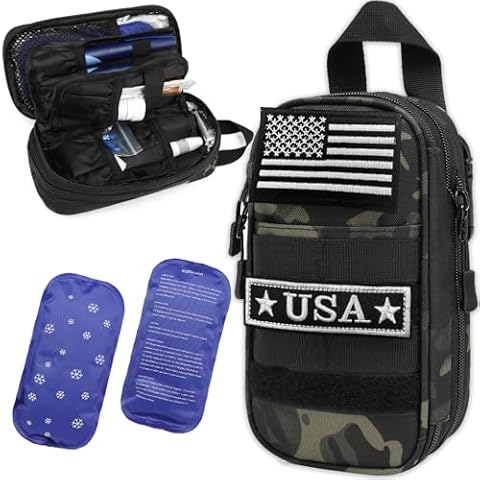 SLINRKE Tactical Insulin Cooler Travel Case - Expandable Insulated Diabetic Bag with 2 x 180g Ice Packs, Medication Cooler Bag for Insulin Pens and Blood Glucose Monitor Supplies (Black Camo) Cover