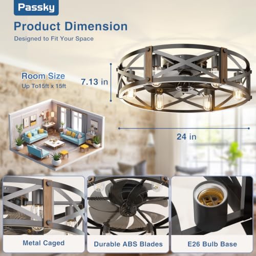 Image of Passky 24 inch Caged Ceiling Fans with Lights and Remote, Low Profile Fandelier