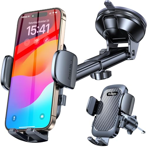 Romuto Handyhalterung Auto【2025 Upgrade Super Saugnapf】4 in 1 Handy Halterung Auto【360° Drehbar】Handyhalter fürs Auto Armaturenbrett Windschutzscheibe Lüftung KFZ Autohalterung für iPhone Samsung usw