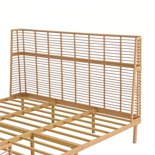 Image of Christopher Knight Home Lamar Boho Rattan California King Bed Frame and Headboard, Wicker California King Size Bed Frame, Metal Platform Bed Frame, No Box Spring Needed, Easy Assembly, Natural Finish