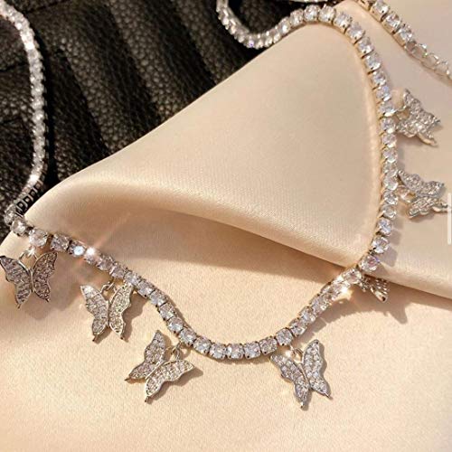 DECORAR Butterfly Necklace for Women Choker Necklaces Butterfly Choker Necklace Butterfly Tennis Necklace for Wife Girlfriend Friends Gifts Gold Sliver Pink (Silver)