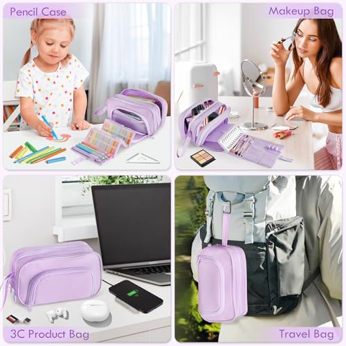 Image of Large Capacity Pencil Case with Pull-out Structure - Multifunctional Extra Big Pencil Pouch Pen bag, Portable Stationery Organizer with Zipper, Office School Supplies for Boys Girls, Purple