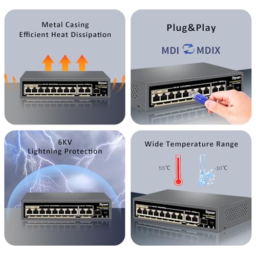 Image of 11-Port Full Gigabit Unmanaged PoE Switch with 8 PoE+ Ports @120W, 2 Uplink and 1 SFP Slot-IEEE802.3af /at, QoS, PD Auto-Detection, 6KV Protection, VLAN Mode, Metal Fanless Plug and Play