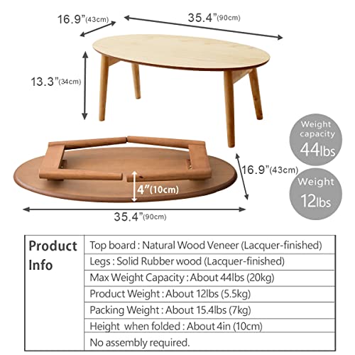 Emoor Wood Folding Coffee Table Oval (35.4"X16.9") Ash, Floor Sitting Low Table Small Space Minimalist Japanese Tatami Room #TOP5