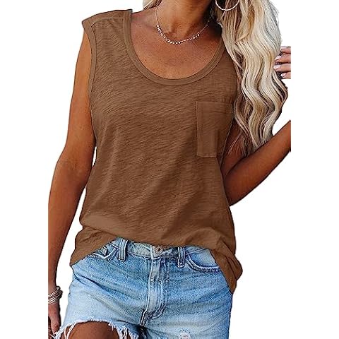 YEXIPO Womens Scoop Neck Tank Tops Sleeveless Summer Casual Loose Fit Blouses Shirts Tank Top with Pocket Brown Cover