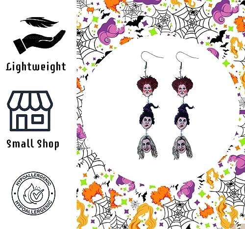 Cute Pair of Drop and Dangle Hocus Pocus Themed Earrings for Women, Teens, Halloween Costumes. Cute Sanderson Sister Themed Costume Accessories for Women. Drop and Dangle Winnifred Sanderson Earrings3