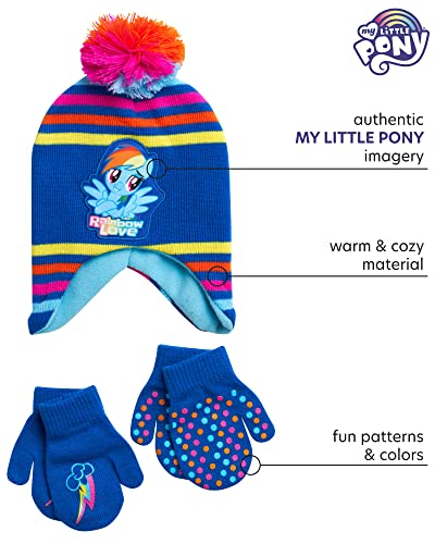 Hasbro My Little Pony Girls Winter Hat and 2 Pair Gloves or Mittens (Toddler/Little Girls), Size Age 2-4, Blue Design - Age 2-4 - Mittens Set2