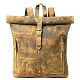 Gratlin Buffalo Leather Roll On Laptop Backpack 16 Inch | Vintage Genuine Rucksack Backpack for Men & Women | Best Full Grain Brown Leather Backpacks Book Bag Knapsack for Travel Hiking Use