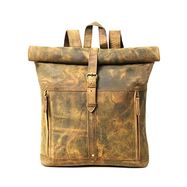 Gratlin Buffalo Leather Roll On Laptop Backpack 16 Inch | Vintage Genuine Rucksack Backpack for Men & Women | Best Full Grain Brown Leather Backpacks Book Bag Knapsack for Travel Hiking Use