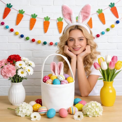 3 Stück Osterkorb, Osternester zum Befüllen, Osterhasen Taschen, Ostertüten Hase Mit Ohren Für Osterdeko Ostern Basteln, Durchmesser 13 cm Höhe 14,5 cm Flauschiges Material