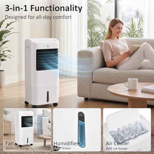 HOMCOM Portable Evaporative Air Cooler, 3-In-1 Ice Cooling Fan, Bladeless Swamp Cooler and Humidifier with 15L Water Tank, Remote Timer, 60° Oscillating, for Home Office Bedroom image 6