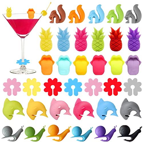 Glasmarker Silikon 36 Stück Wein Trinken Marker Glasmarkierer Bunte Glas Markierung Trinkgläser Wiederverwendbarer Glas Kennzeichnung Teebeutel Halter für Party Weinglas Trinkglas (6 Formen)