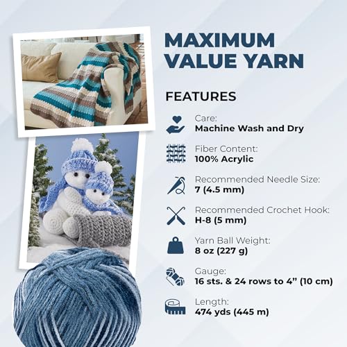 Image of Mary Maxim Maximum Value Acrylic Yarn for Crocheting and Knitting, Soft Worsted Weight Blue Yarn 4, Ideal for Blankets, Sweaters, Hats, and Scarves, 8 oz Skein (474 Yds), Denim Ombre - 1 Skein