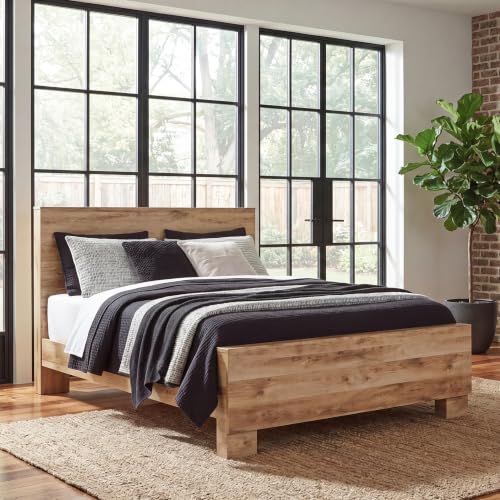 Image of Signature Design by Ashley Queen Bed Frame with Headboard, Rustic, Hyanna | Queen panel bed, Engineered wood (MDF /particleboard /plywood) and decorative laminate, Optimized for box spring support