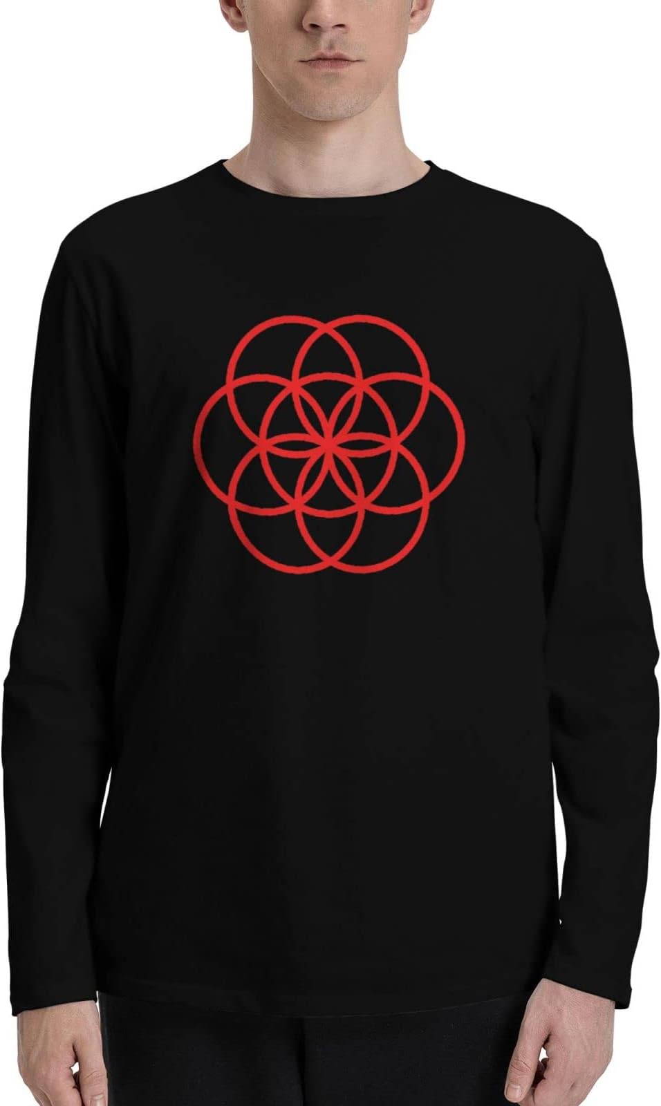 genericMen's Flower of Life Sacred Geometry Long Sleeve Shirt Fashion Tees Spring Warm Classic T Shirt Black