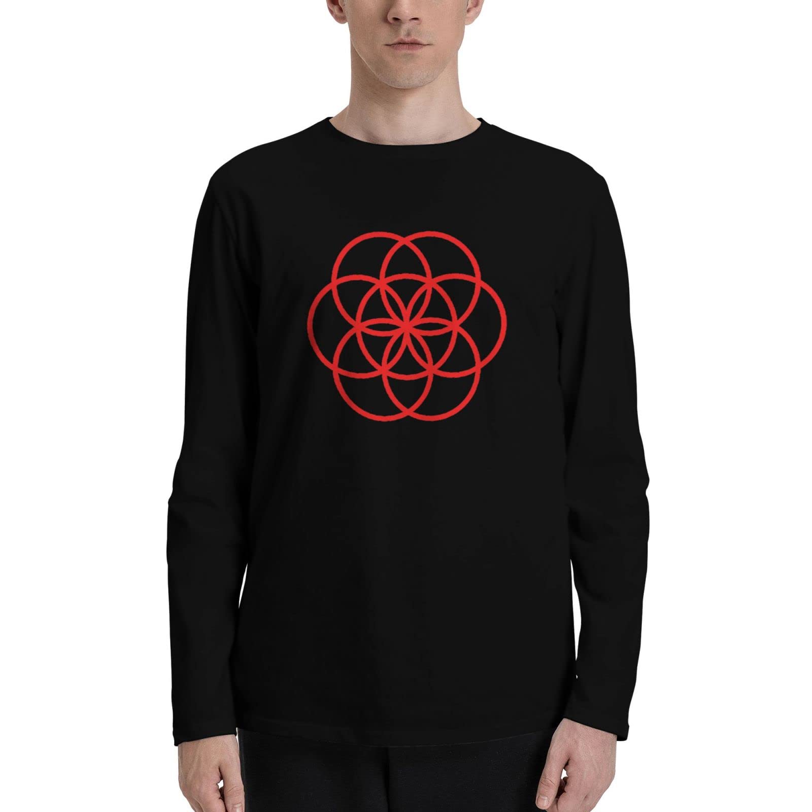 genericMen's Flower of Life Sacred Geometry Long Sleeve Shirt Fashion Tees Spring Warm Classic T Shirt Black