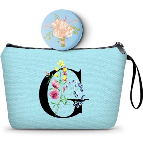 SEAMOON A-Z Friend Gifts for Women, Blue Initial Makeup Bag with Mirror, G