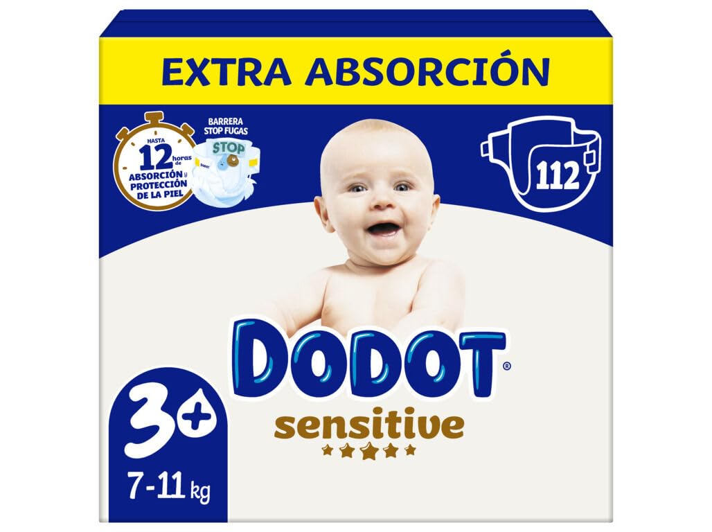 Dodot Sensitive Pañales Bebé Talla 3 (6-10 kg) – 112 Pañales Ultra Absorbentes Hasta 12 h Protección Antifugas Cuidado Piel Sensible Suaves Indicador Humedad Pañales Desechables