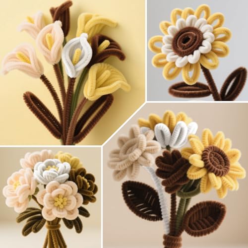 Image of ASTARON 521 Pcs 5 Colors Art Chenille Stems Pipe Cleaners Flower Making Kit | Brown Series Craft Pipe Cleaners,20 Floral Wires,Green Gardening Tape, Flowers Making Kit,Polyester Fluffy Pipe Cleaners Set