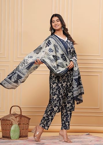 Image of MEERA FAB Womens Cotton Printed Straight Kurta Set V-Neck with Palazzo & Dupatta Set