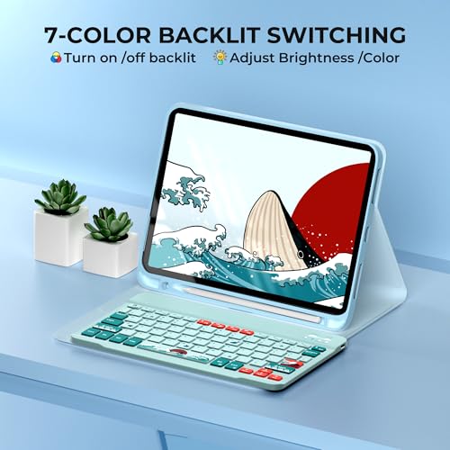 XVX WK80 iPad 10th Gen 10.9\" 2022 Case with Keyboard - 7-Color Backlit Wireless Detachable Folio Cover, Apple Pencil Charging (Sapphire Blue, Pencil Not Included)