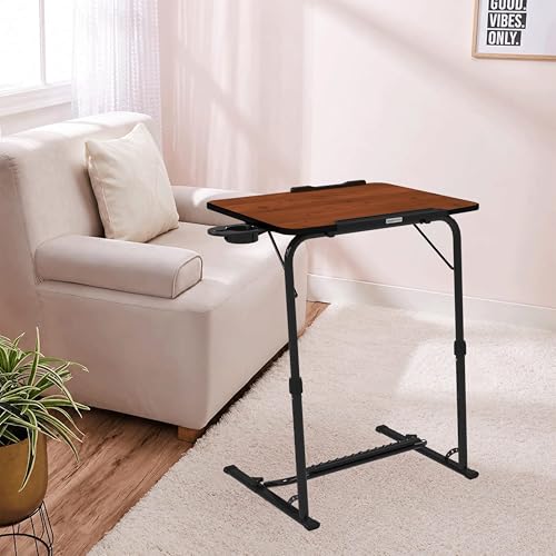 Image of Amazon Basics | Work Easy | Height Adjustable Laptop Table with Footrest | Adjustable Table Top Angle | Alloy Steel | Rustic Amber | 75 cm - H, 60 cm - L, 44.5 cm - W