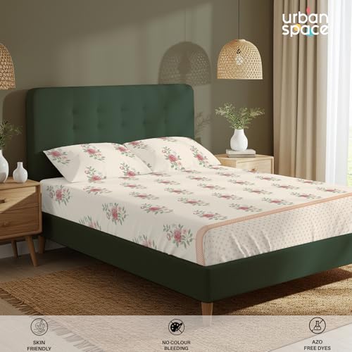 Image of Urban Space Serene 100% Cotton Bedsheet for Single Bed, 200 TC Floral Single Bedsheet with 1 Pillow Cover (58 X 90 Inches, Vintage Rose Buttercream)