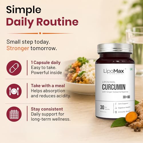 Image of LipoMax Liposomal Curcumin Supplement 610mg | Turmeric Curcumin Capsules With Ginger Extract & Piperine For Joint Health, Antioxidant & Immunity Support - 30 Veg Capsules