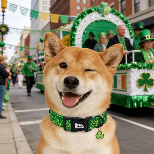 Image of St Patrick's Green Letter Trefoil Dog Collar for Small Dogs | Daily Walks,Irish Parade,Spring Picnic Hiking,Adjustable,Cotton Fabric,Quick Release Plastic Buckle,Pendant,Female /Male Dog