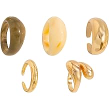Stackable Rings Set For Women, 5 Pcs Gold Rings, Daily And Party Wear, Pale Gold Metal, Resin, Chunky Rings