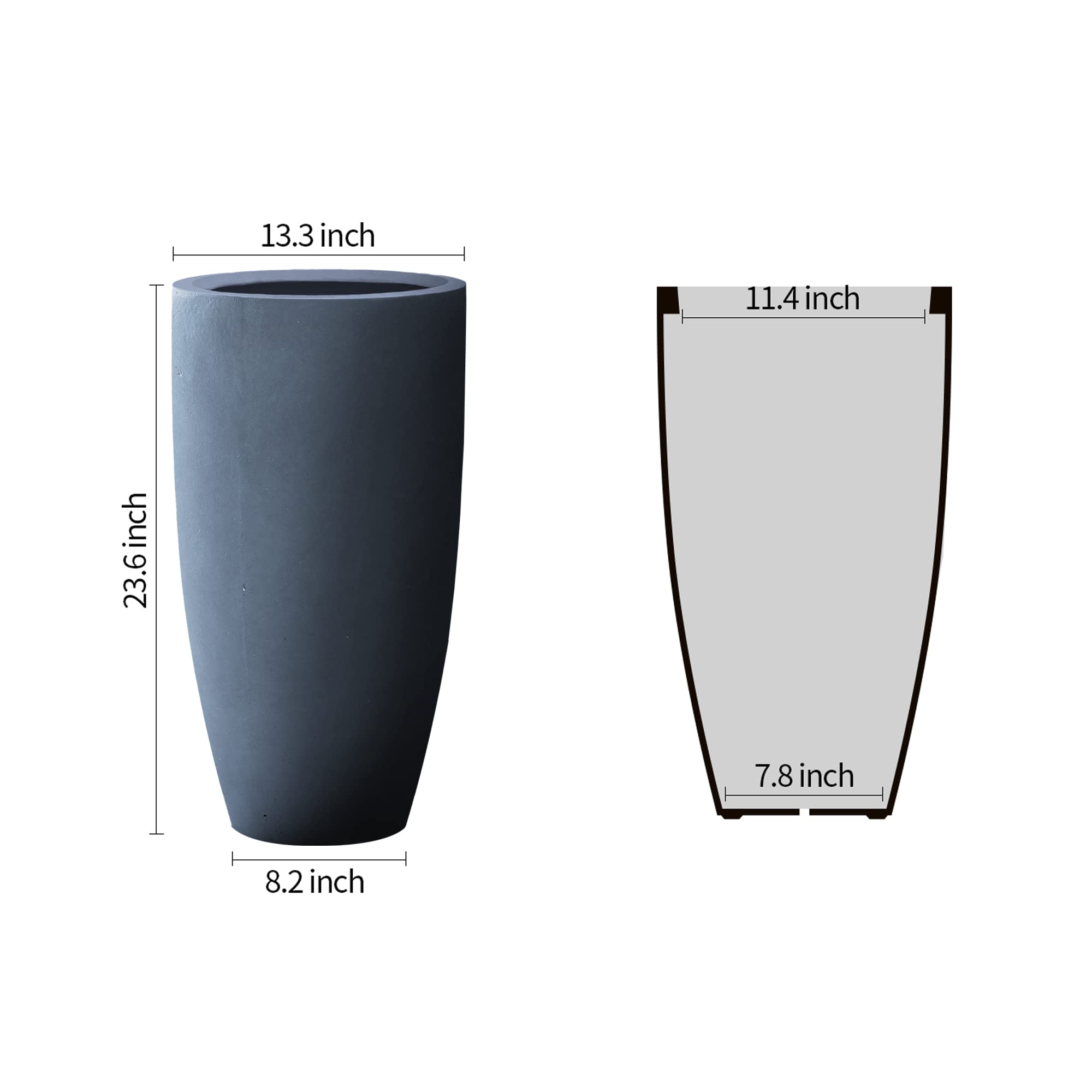 Kante 23.6" H Charcoal Concrete Tall Planters (Set of 2), Large Outdoor Indoor Decorative Plant Pots with Drainage Hole and Rubber Plug, Modern Style for Home and Garden