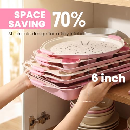 Image of Kikcoin 22 PCS Nonstick Baking Pans Set, Stackable Bakeware Sets with Silicone Handles, 450F Oven Safe Baking Sheet Set, Easy Release Cookie Sheets for Baking, Pink