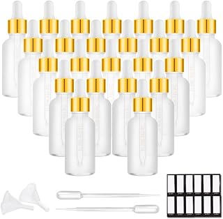 PrettyCare 1oz Glass Dropper Bottle Set of 24, Thick Rose Frosted Glass Bottles Empty with Leakproof Caps, Labels, Funnels - 30ml Eye Dropper Bottles for Storage, Travel, Essential Oils, Tincture