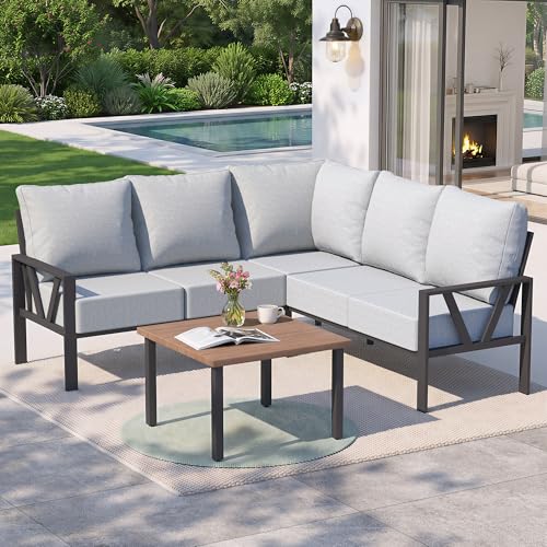 Outdoor Furniture Set, 6 Pieces Outdoor Couch Sectional, L Shaped Metal Patio Corner Sofa with 6” Thick Cushions, Patio Seating Conversation Set, Li